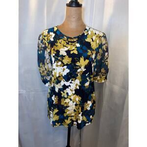 Calvin Klein Floral Blouse Sheer Sleeve Top Size M EUC